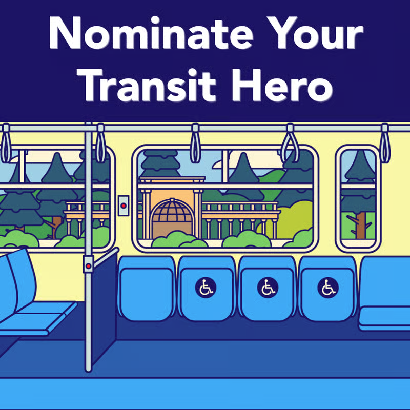 "Nominate Your Transit Hero" is written at the top of the image. Below is an animated bus interior. 